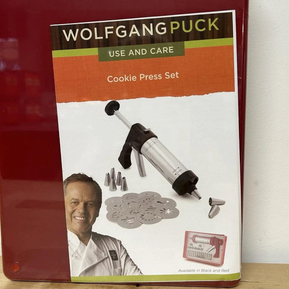 Wolfgang Puck Cookie Press Set Discs Tips Red Storage Box Holiday Baking Kit NEW